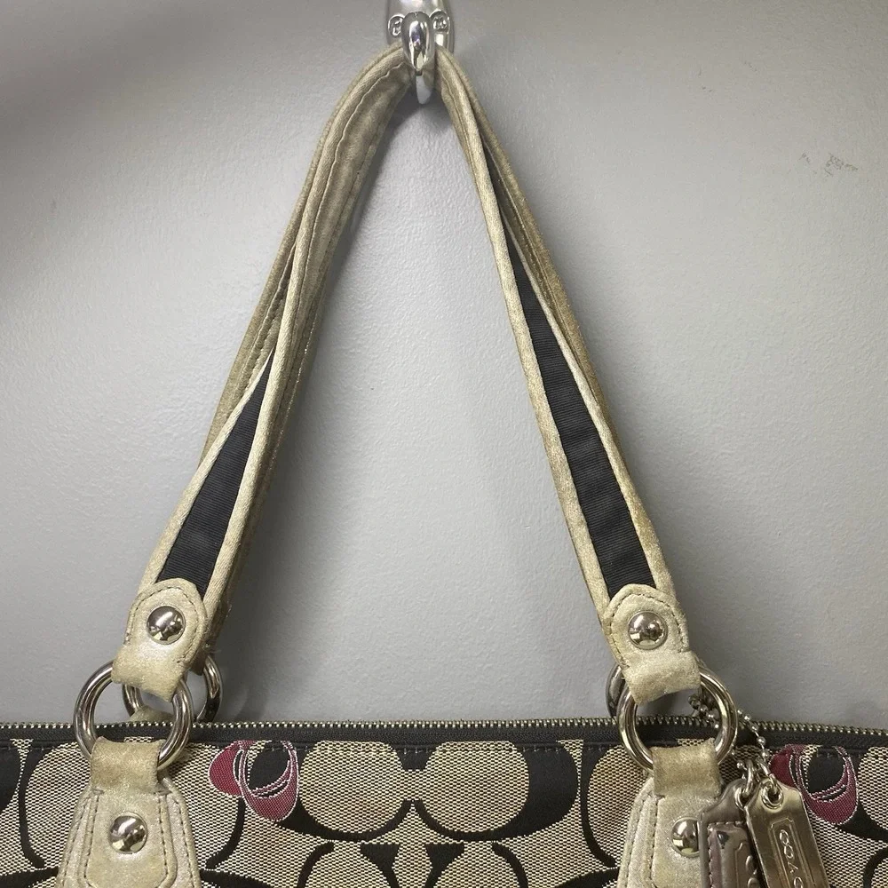 Coach Poppy Signature One Women Shoulder Bag Tan/Black/Pink 13x17x4" Need Clean - Picture 6 of 16